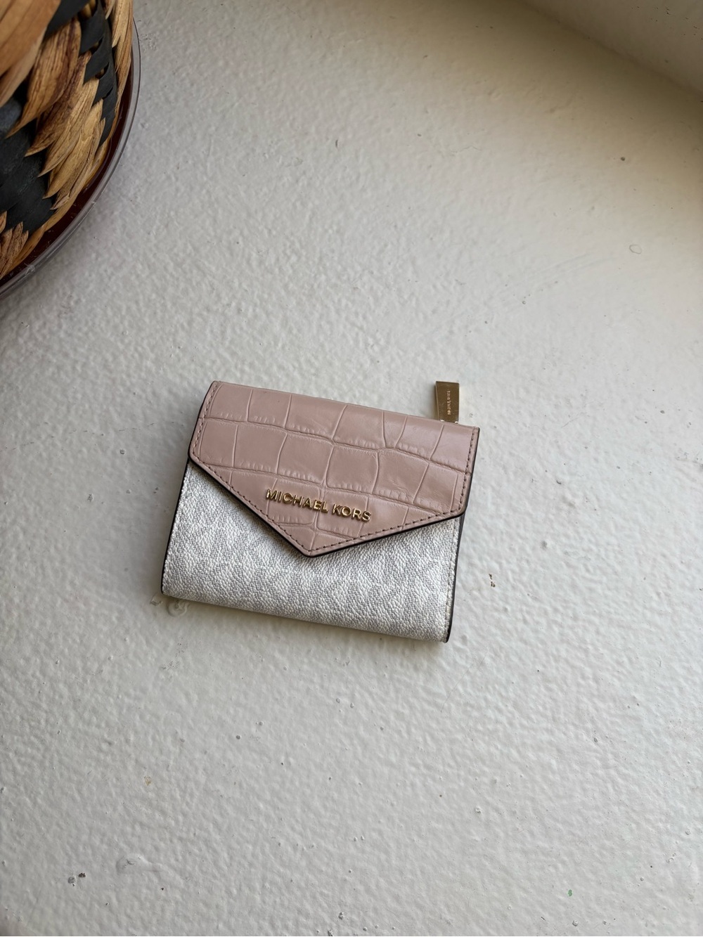 Michael Kors Pink Croc-Embossed and gold Metallic Compact Wallet